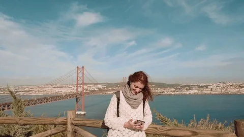 Lisbon. Girl Makes A Sephi On The Background Of A Landscape With A River And A Stock Footage 107737705