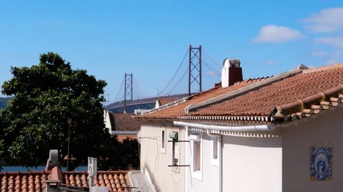 Lisbon Landmarks Hidden View 25 Abril Bridge Video stock 93872549