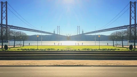 Lisbon Landmarks Mirror Effect, Suspension Bridge In Tejo River Stock Footage 100071915