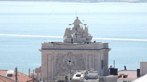 Lisbon Landmarks Rua Augusta Arch By Tejo River, Portugal Video stock 115321483