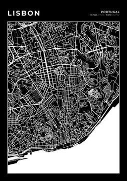 Lisbon Map Wall Art Frame, Cartography Map Print, City Layout Map Stock Illustration