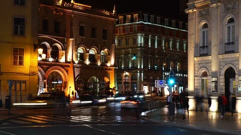 Lisbon by night - Dom Pedro Square Rossio in Lisbon Stock Footage 88625449