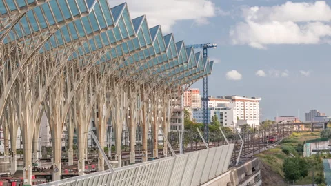 Lisbon Oriente Train and Bus Station timelapse aerial view. Portugal. Vídeo Stock 283737342