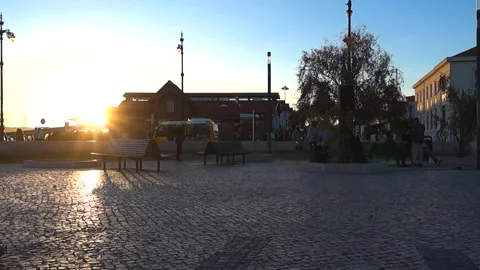 Lisbon Park Square with Sunset Light and Portuguese Pavement Видео 331115688