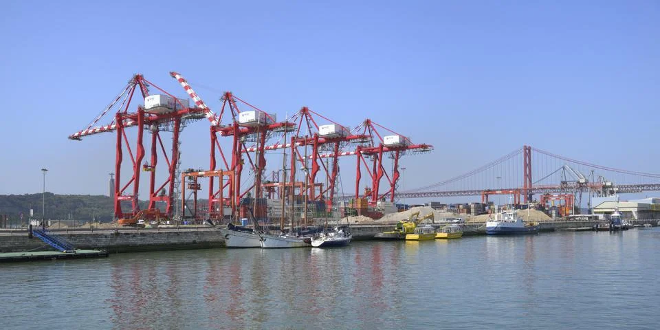 Lisbon port, Alcantara docks and 25 April bridge, Lisbon, Portugal, Europe Stock Photos