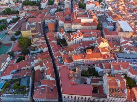 Lisbon Portugal Aerial Panorama view of city centre Red roofs Sunny day Summer Stock Photos
