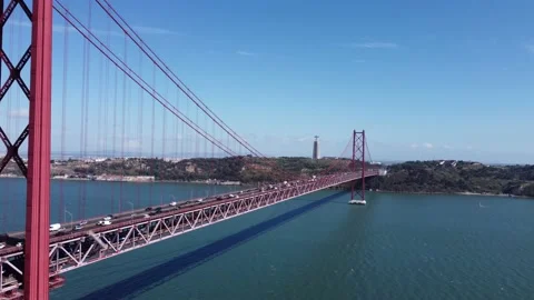 Lisbon, Portugal, Aerial View of 25 De Abril Bridge Over The Tagus River 2022 Stock Footage