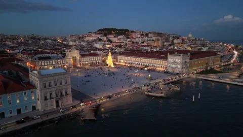 Lisbon Portugal Praca do Comercio square at dusk with Christmas lights eveningss Stock Footage 325040693
