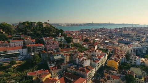 Lisbon Portugal sunny cityscape city centre view aerial panorama 4k drone high Stock Footage