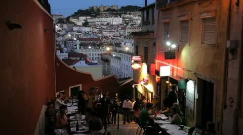 Lisbon restaurant at dusk, Portugal Stock Footage