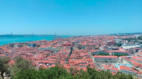 Lisbon Rooftops and Tagus Bridge from Hilltop, Portugal 8K Stock-Footage 249972647
