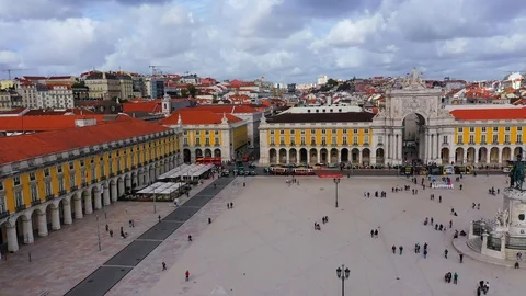 Lisbon sightseeing from above - The central square called Praca do Comercio Stock Footage 128767406