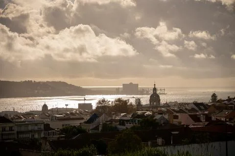 Lisbon skyline with dramatic clouds over Tagus River 스톡 사진