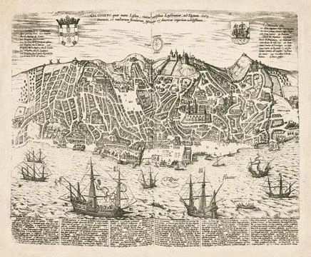 Lisbon with the Tagus River, Map from 1572 Ilustración de archivo