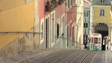 Lisbon Tram, Elevador da Bica, Portugal Stock Footage 32595401
