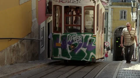 Lisbon Tram, "Elevador da Bica" Portugal Stock Footage 32596788