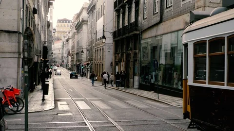 Lisbon Trams 24 Stock Footage 127596755