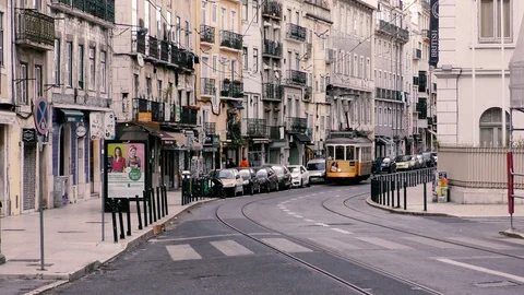 Lisbon Trams 31 Stock Footage 127596536