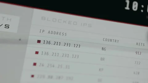 A list of Blocked IP addresses with their corresponding country code and number Stock Footage 333372113