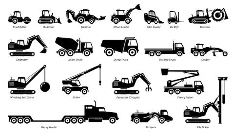 List of construction vehicles, tractors, and heavy machinery icons. Sideview  Stock Illustration