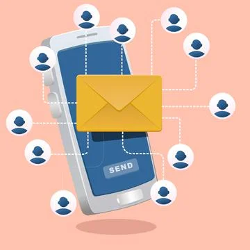 List of contact ane email in front of smartphone. mailing list marketing Illustrazione stock