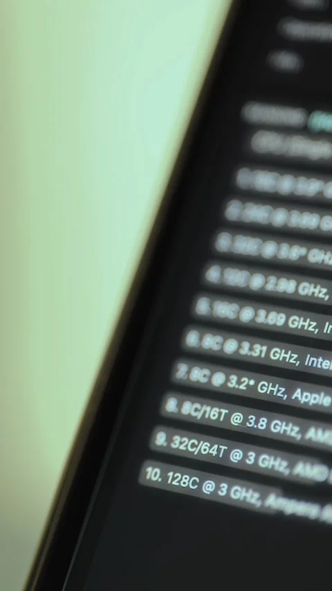 List of different CPU configurations and their corresponding clock speeds from a Stock Footage 327475242