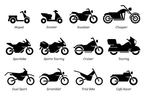 List of different type of motorcycle, bike, and motorbike icon set. Side view Illustrazione stock