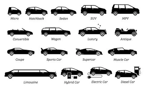 List of different types of car icons. Set icon of cars, transportation, vehic Stock Illustration