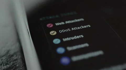 List of different types of cyberattacks displayed on a digital screen Stock Footage 328355132