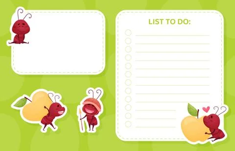 List to Do Card with Cute Ant Character Vector Template Stock Illustration