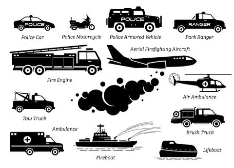 List of emergency response vehicles icon set. Artwork depicts police car, pol Stock Illustration