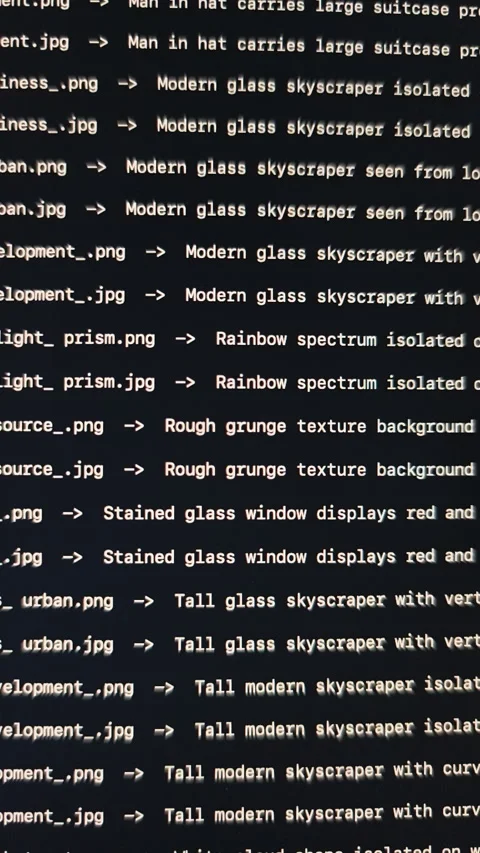 List of files in directory output, monospace lines. File conversion of jpg .. Stock Footage 347802097