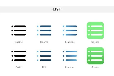 List icon in different style. List vector icons designed in outline, solid,.. 스톡 일러스트