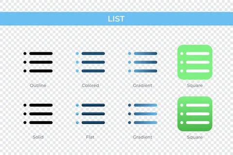 List icon in different style. List vector icons designed in outline, solid,.. Stock Illustration