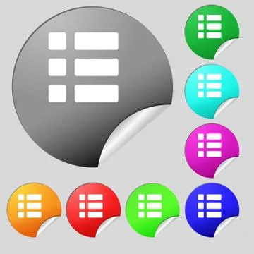 List menu, Content view options  icon sign. Set of eight multi-colored round  Stock Illustration