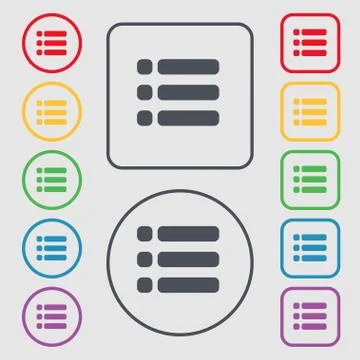 List menu, Content view options icon sign. symbol on the Round and square button Stock Illustration
