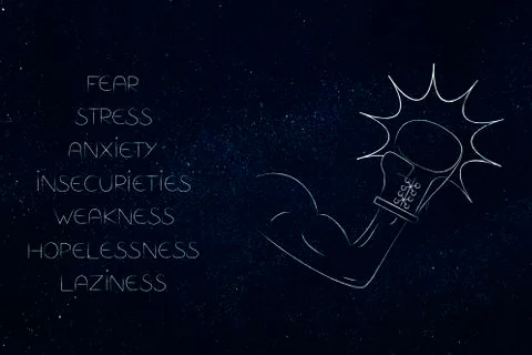 List of negative attitudes next to fit arm with muscles and boxing glove with Stock Illustration