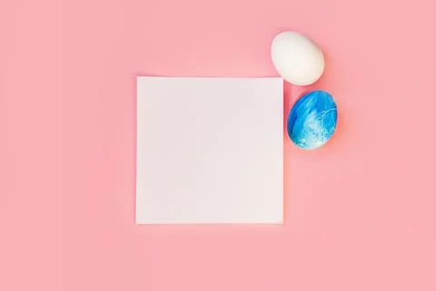 List or note isolated with set colorful eggs. Spring trendy composition on Stock Photos