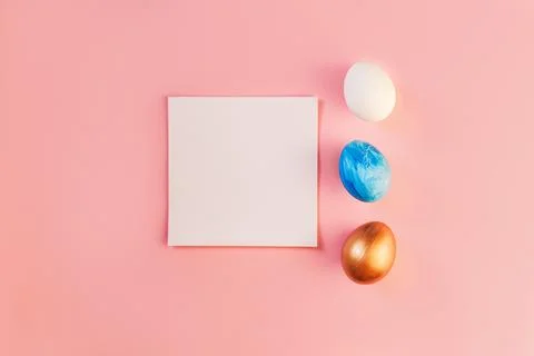 List or note isolated with set colorful eggs. Spring trendy composition on Photos