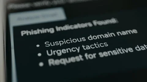 A list of phishing indicators appears on screen, including suspicious domain Stock Footage 332891253