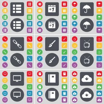 List, Plus one, Umbrella, Link, Brush, Retro TV, Monitor, Notebook, Cloud icon s Stock Illustration