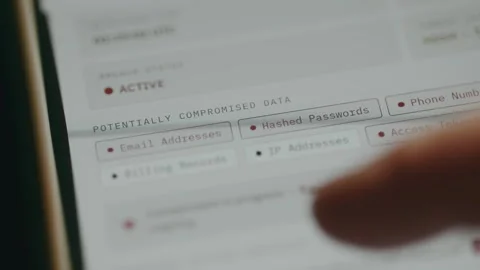 List of potentially compromised data, sensitive information that has been Stock Footage 333822264