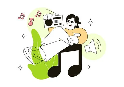 Listen Vector Illustration Featuring People Listening to Music, Radio, Soun.. Stock Illustration