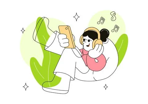 Listen Vector Illustration Featuring People Listening to Music, Radio, Soun.. Stock Illustration