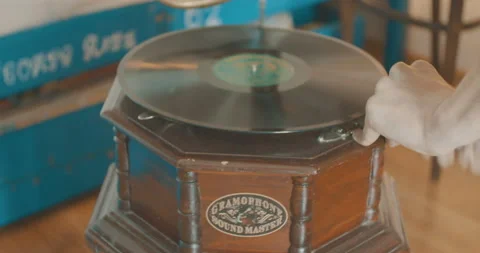 Listening Disk on Gramophone Machine Stock Footage 140656432