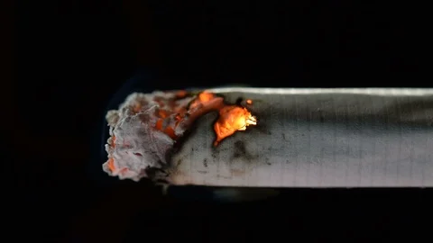 Lit and burning cigarette with smoke on black background . Vidéo 125541808