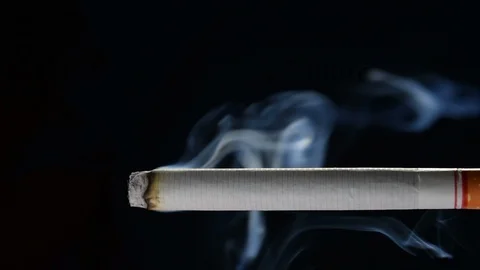 Lit and burning cigarette with smoke on black background . Vidéo 125542014