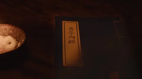 Lit Candle Illuminates Ancient TCM Book on Wooden Table, Close-up Vídeos de archivo 336547975