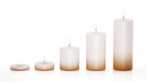 Lit candles in different sizes isolated on white background. 3D illustration Illustration