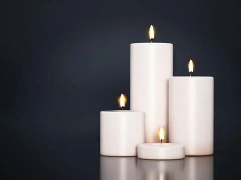 Lit candles in different sizes isolated on dark background. 3D illustration Stock Illustration